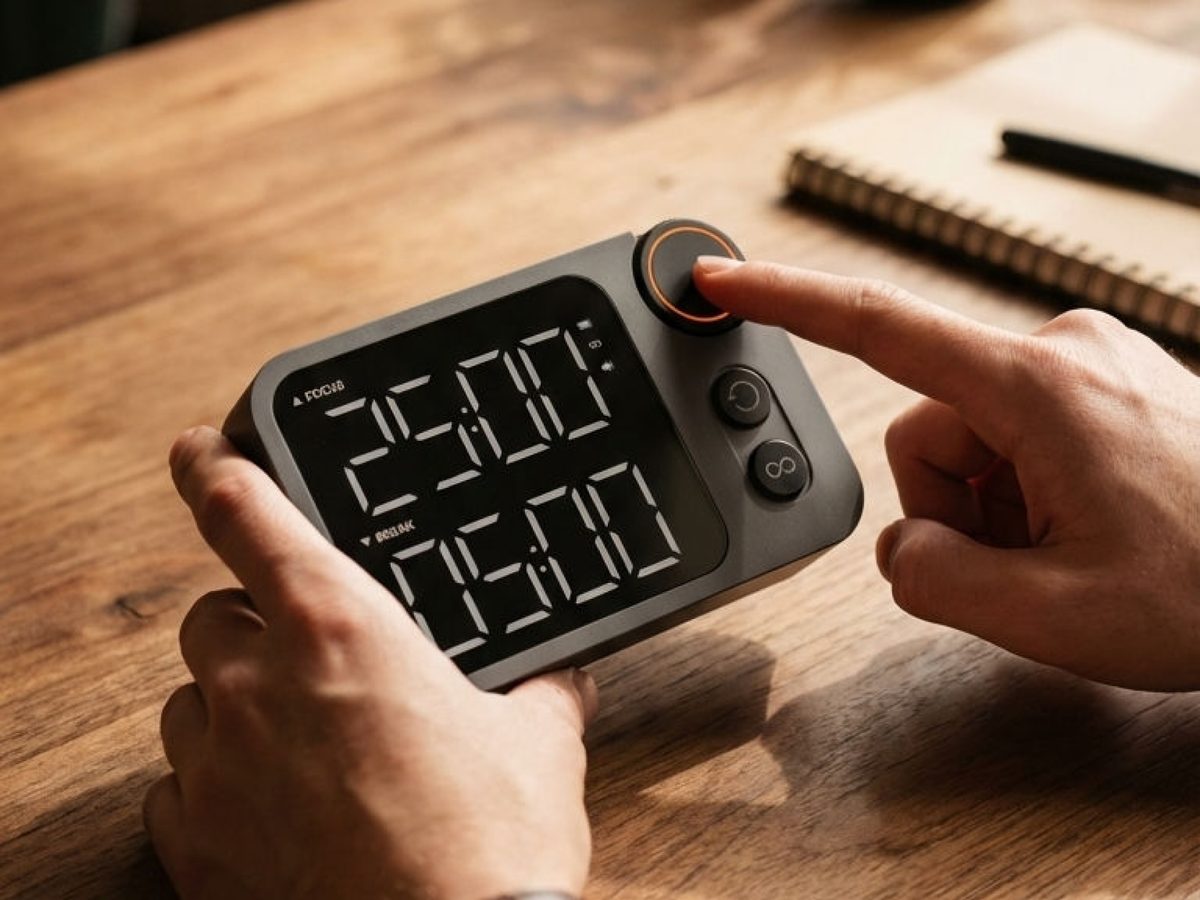 A finger pressing the dial on the Flow Timer