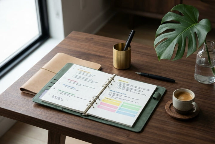 MDS Modular Planner open on a walnut desk with coffee and pen, editorial lighting