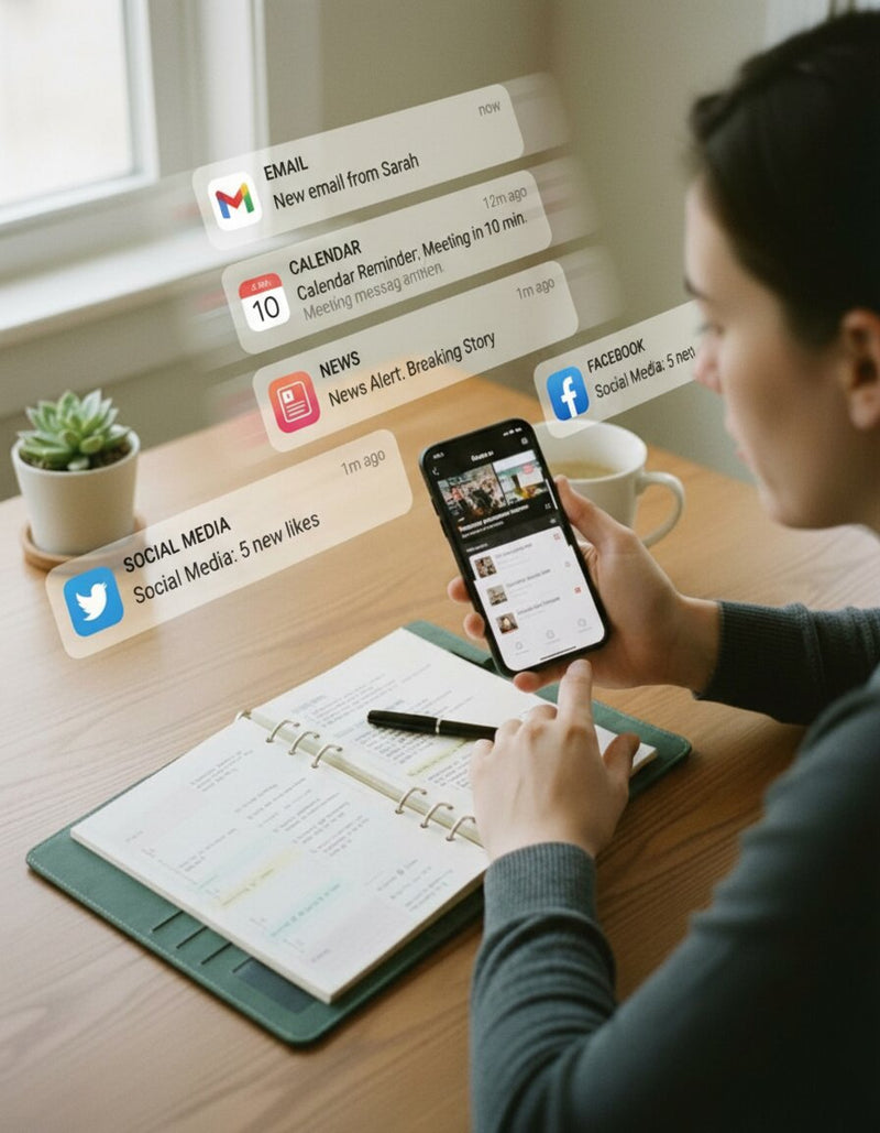 Person writing in planner while phone shows social media notifications