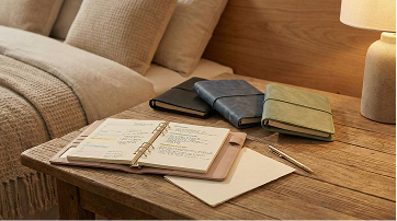 Modular planner aesthetic desk setup with open notebook