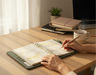 Person writing in a modular planner