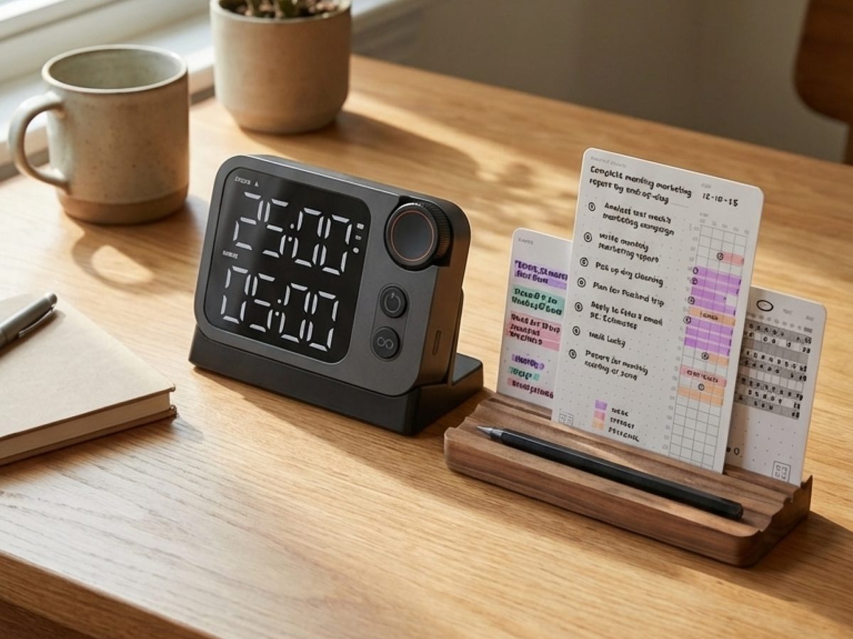 The Flow Timer on its dock beside planning cards in a walnut tray on a desk