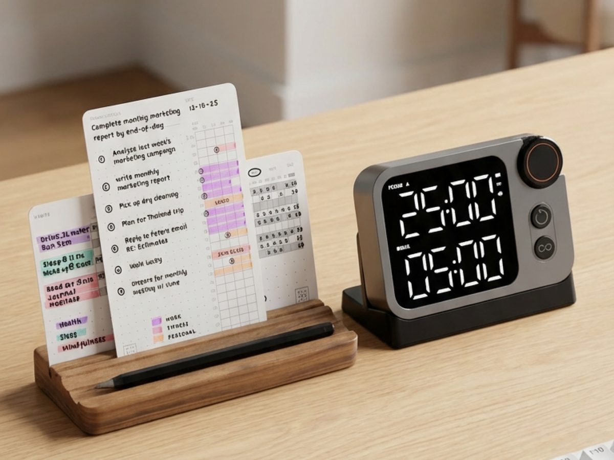 Planning cards standing in a walnut tray next to the Flow Timer