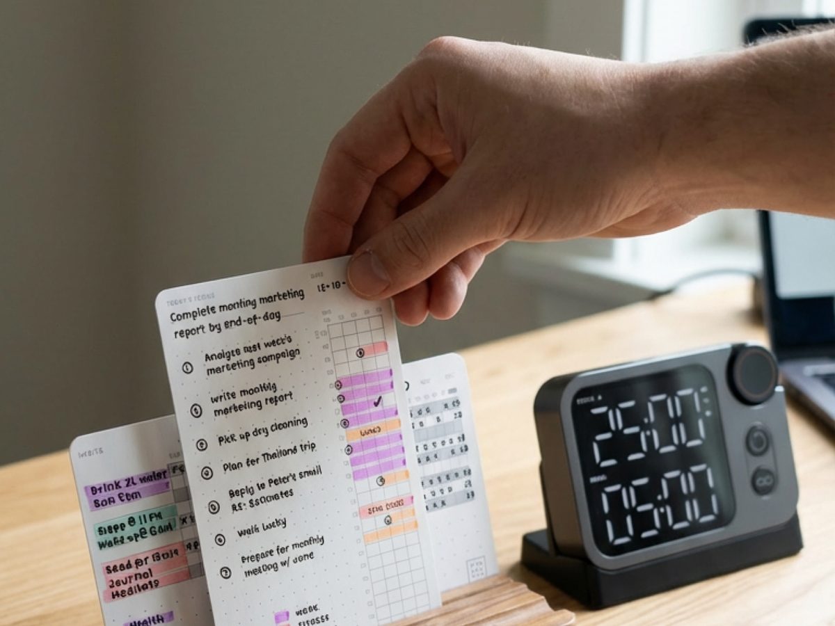 A hand lifting a card from a walnut tray beside the Flow Timer